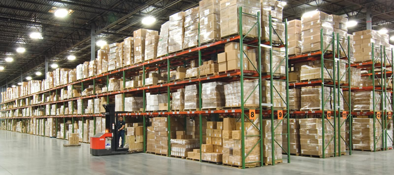 Selective pallet racks holding boxed warehouse inventory